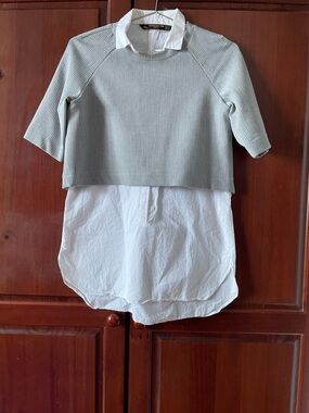 Zara Grey Ribbed Layered Top with White Shirt Detail